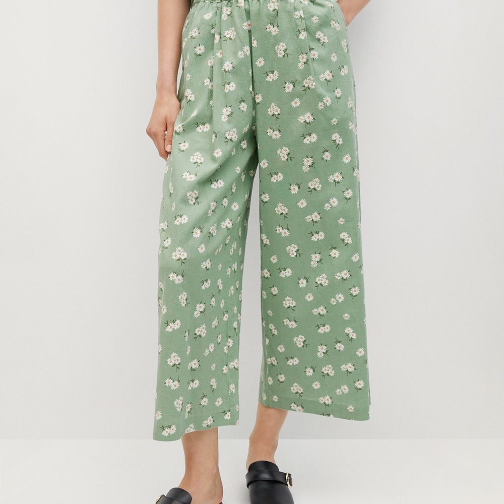 Floral Green Linen-blend culotte trousers
